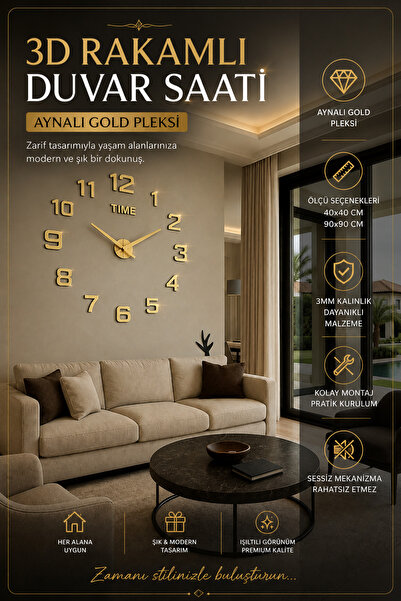 Genel Markalar Duvar Saati Aynalı Gold Pleksi 3D Büyük Rakamlı Salon Ofis Ve ...