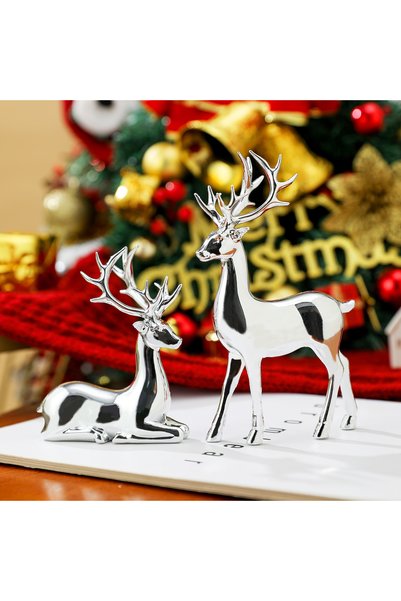 Choice Silver 2 Pcs Christmas Reindeer Decor Resin Standing Sitting Deer Figu...