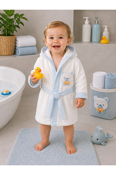 Ekebaby Mini Bear Erkek Bebek Kapüşonlu Pamuklu Ayıcık Bornoz Seti -0-3 Yaş