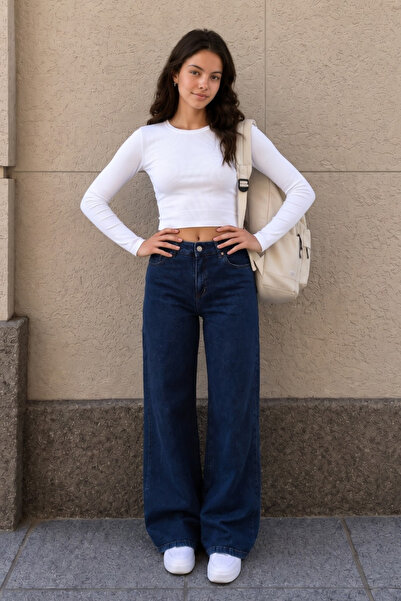 alanora High Waist Wide Leg Palazzo Stretchy Lycra Navy Blue School Trousers