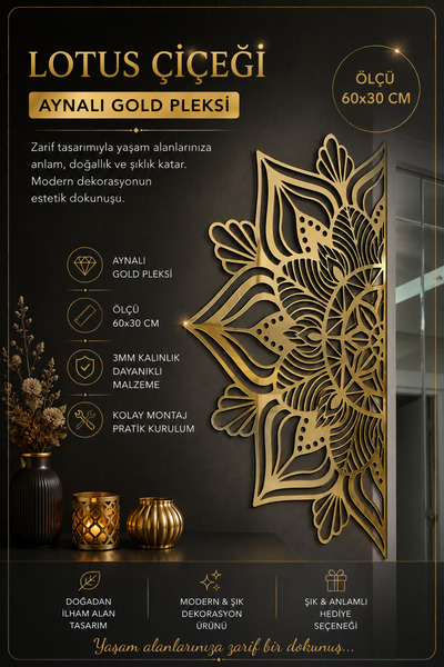 Numa Concept Duvar Dekoru Gold Pleksi Salon Ofis Ve Antre İçin Yarım Lotus Çi...