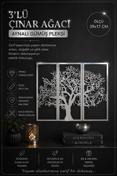 Numa Concept Duvar Dekoru 3'lü Aynalı Gümüş Pleksi Çınar Ağacı Salon Ofis Ve ...