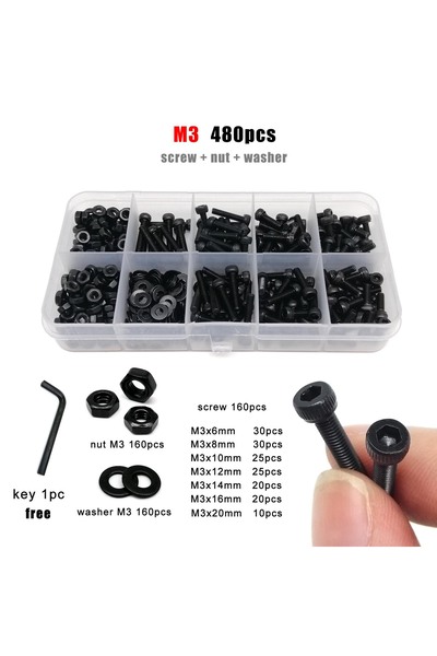 Choice1 M3 480pcs 1 Set M1.6 M2 M2.5 M3 M4 M5 M6 M8 DIN912 Black Grade 12.9 S...