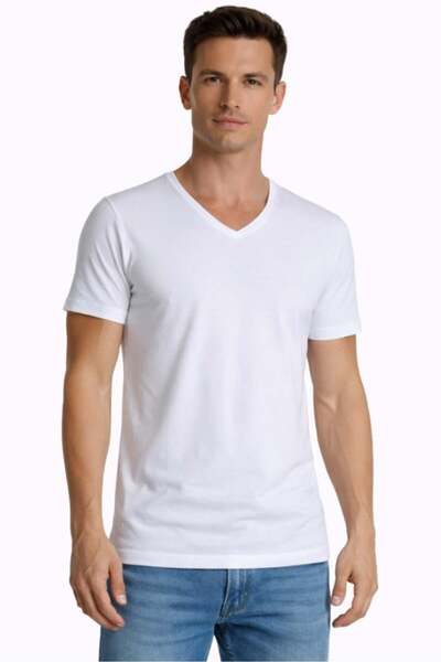 Çift Kaplan Men's Elastane V-Neck White T-Shirt 0956