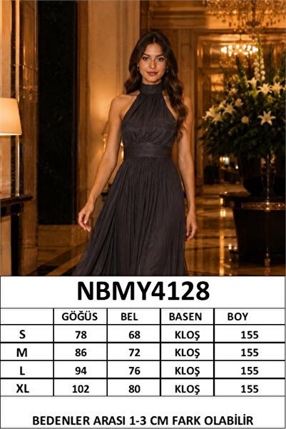 Neşeli Butik kadın acı kahve halter yaka janjan kumaş premium abiye elbise NBMY4128