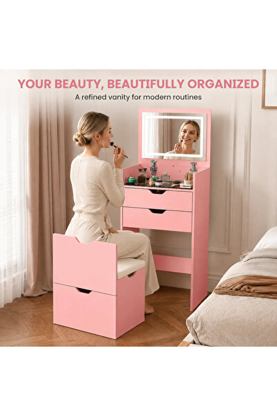 Arabest Compact Bedroom Makeup Vanity Table Set 45.5×35×85.9 cm 21.19kg Pink,...