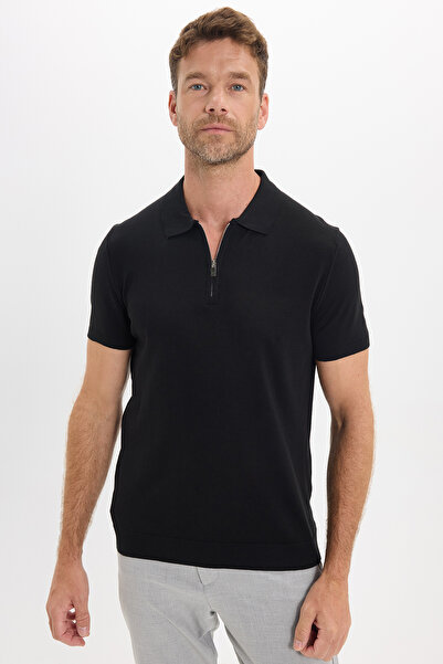 Tudors Men's Slim Fit 100% Cotton Knitted Knitwear Zippered Black Polo Neck T...