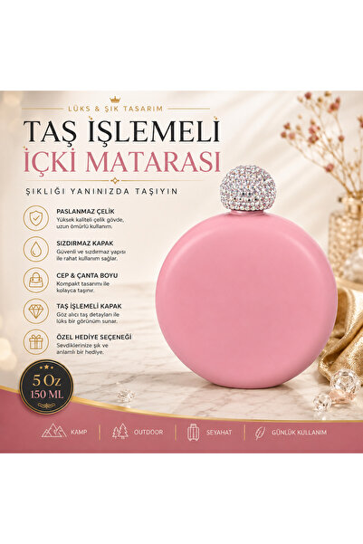 e-life shop Luxury Stone Embellished Pink Stainless Steel Flask 5 oz 150 ml C...