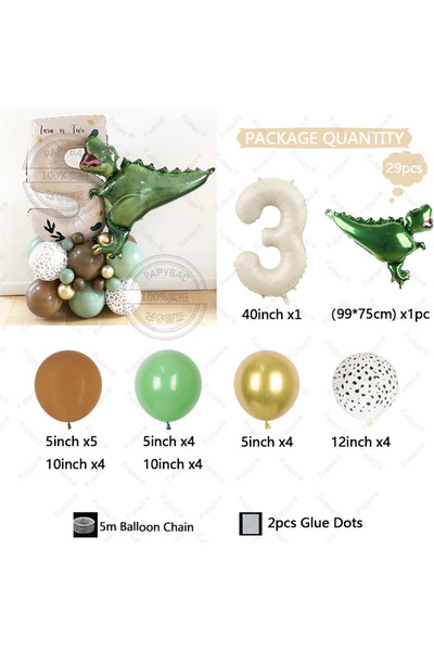 Choice4 Other 3 29pcs Green Dinosaur Tyrannosaurus Rex Balloon White Number B...