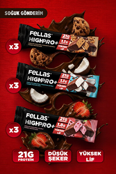 Fellas Çikolata Kaplı HighPro+ Protein Bar 50gr Karma Kutu (3 x 3)