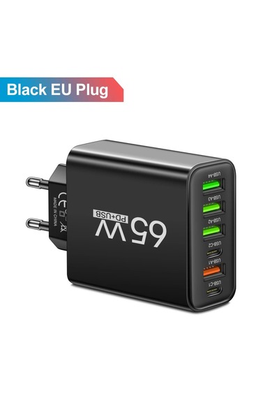 Choice Black EU USB C Charger Total 65W Muti 6 Ports Fast Charging QC3.0 Type...