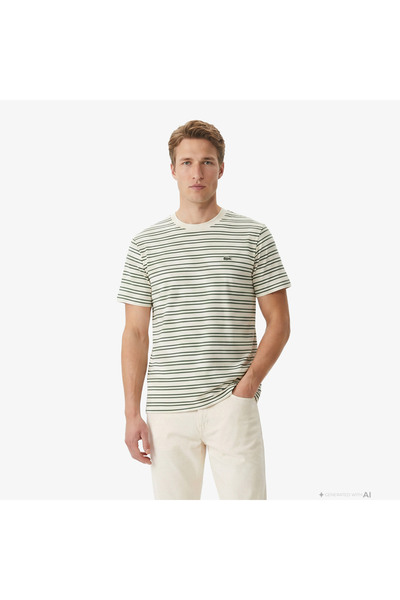 Lacoste Erkek Classic Fit Bisiklet Yaka Çizgili Yeşil T-Shirt