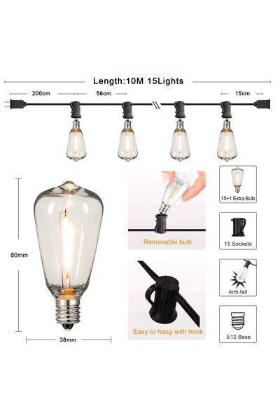 Choice 1W Bulb EU Plug 10M 15sockets ST38 String Lights Outdoor Garland Conne...