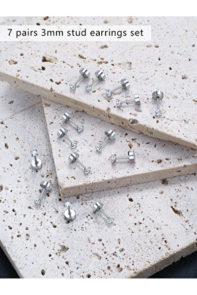 Choice 7 Pairs Silver 3mm 7 Pairs Flat Back Stud Earrings for Women, Surgical...