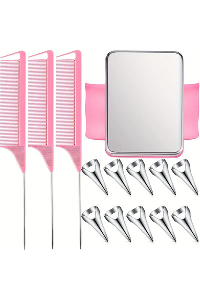 Choice 13pc-pink comb wc 10pcs Hair Parting Ring Set with 3 Steel Rat Tail Br...