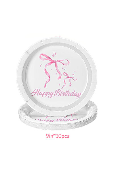 Choice3 9in-10Pcs Pink Bow Birthday Decorations - Includes Bow Plates,Napkins...