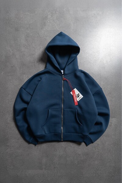 Crupt Studio Navy Blue Boxy Crop Men's Jacket Zip Hoodie
