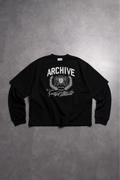 Crupt Studio Tricou negru cu mânecă lungă și croială scurtă pentru bărbați Th...