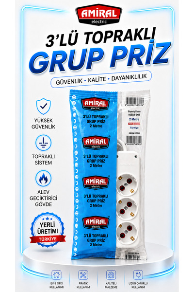 Amiral electric 3lü 2 Mt Topraklı Grup Priz