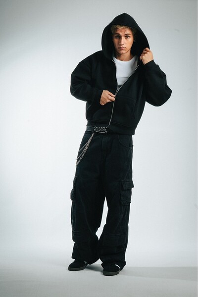 Crupt Studio Siyah Boxy Crop Erkek Ceket Zip Hoodie