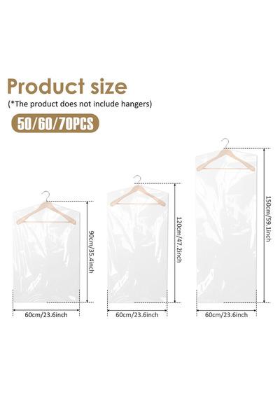 Choice 50Pcs 3 Sizes 50/60/70 Pcs Clear Garment Dust Bags Plastic Clothes Han...