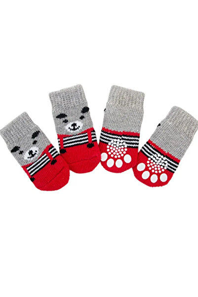 Choice S red bear 4Pcs Pet Cat Dog Floor Anti-slip Socks Autumn Winter Warm S...