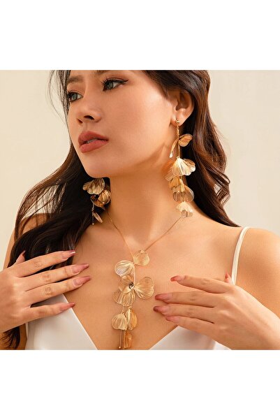 Choice Gold Color Aesthetic Elegant Ginkgo Leaf Pendant Earrings Necklace Set...
