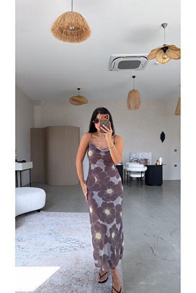 Buket Teke Brown Floral Patterned Degaje Collar Tulle Dress