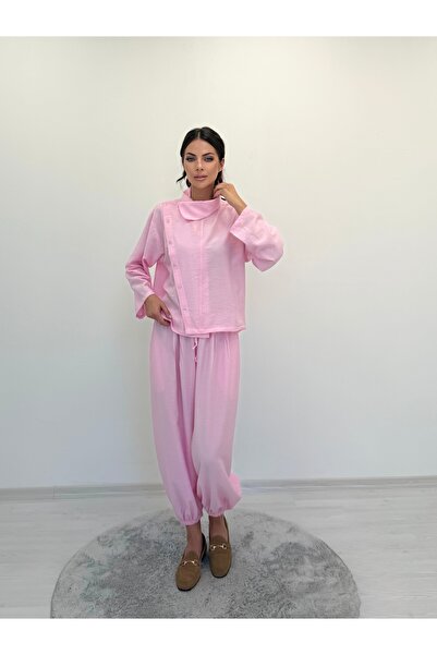 ossons Flowy Collar Asymmetrical Button Detail Shalwar Trousers Set - Dusty Pink