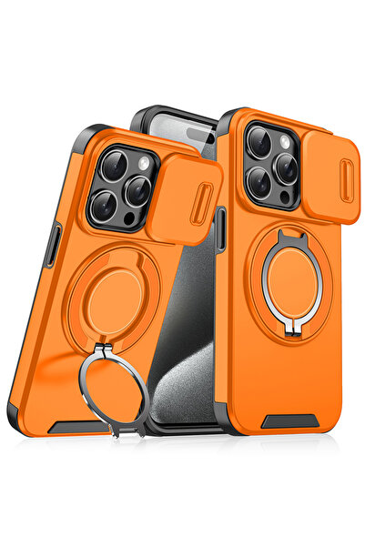 Choice45 Pc + tpu For iPhone 15 Pro Max Orange 360°Rotating Hidden Metal Ring...