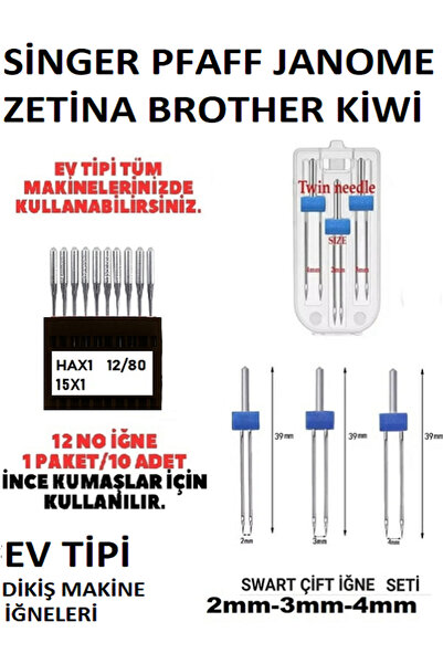 Swart TÜM EV TİPİ MAKİNELERE UYGUN 10 Adet 12 No Iğne Ve Nervür Için Çift Iğn...