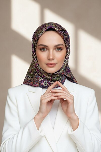Vissona 100% Twill İpek Etnik Desenli Lacivert - Haki Renkli 90x90 Dikim Şekl...
