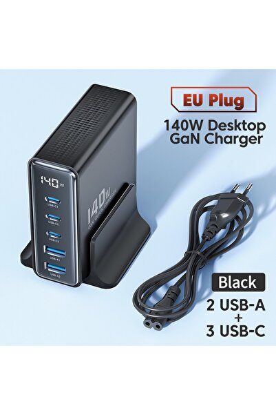Toocki EU Black 140W GaN USB Charger 5in1 Desktop Fast Charge USB Type C Char...