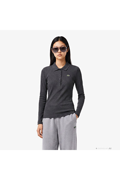 Lacoste L.12.D Kadın Slim Fit Uzun Kollu Gri Polo
