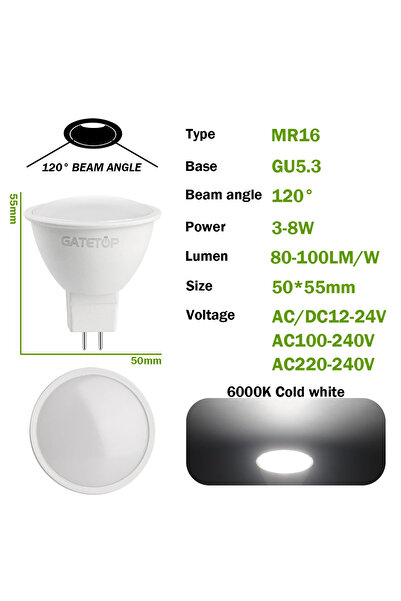 Choice 5w AC DC 12-24V 120 degrees 6000K 10PCS MR16 LED Spotlight Bulb GU5.3 ...