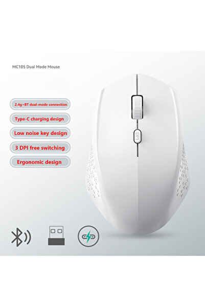choice2 WHITE Dual Mode Wireless Type-C Rechargeable 1600 DPI Mouse Ergonomic...