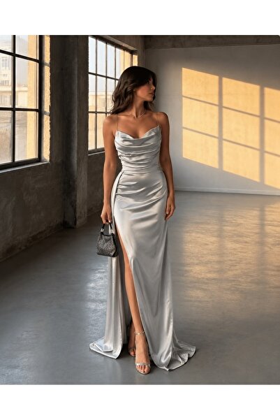 Modafeminen Spaghetti Strap Draped Bust Satin Dress Gray 582243
