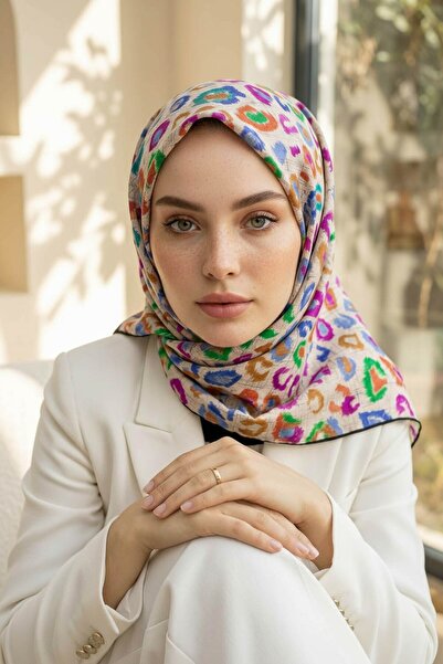 Vissona %100 Twill İpek Renkli Leopari Desenli Turuncu - Saks Renkli 90x90 Eş...