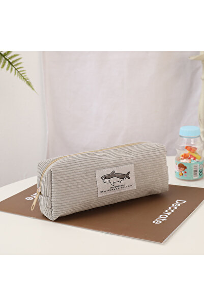 Choice Grey Cute Corduroy Pencil Case Little Shark Embroidery Pen Bag Pouch G...