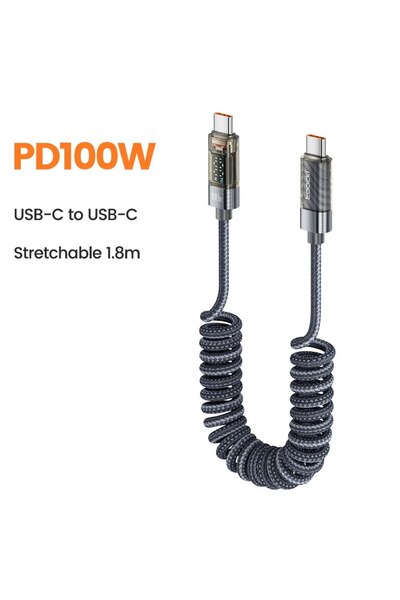 Toocki 1.8m 100W Gray Type C to Type C Cable 100W Display Fast Charging Charg...