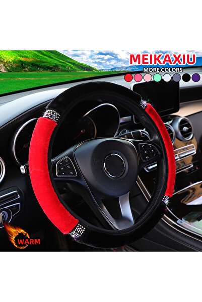 choice2 Red Diamond-Encrusted Winter Plush Steering Wheel Cover Shiny Blingbl...
