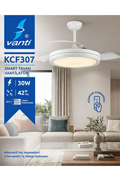 Vanti Gizli Kanat Ledli Ses ve Kumanda Kontrollü Tavan Vantilatörü Beyaz KCF307