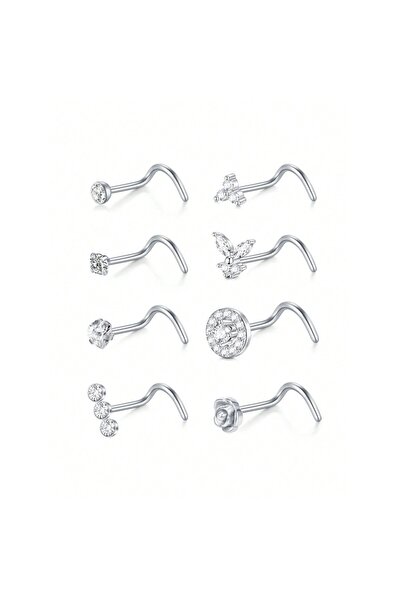 Choice11 Screw-silver-20G 8Pcs/Set Nose Studs Rings For Women 18G 20G Corkscr...