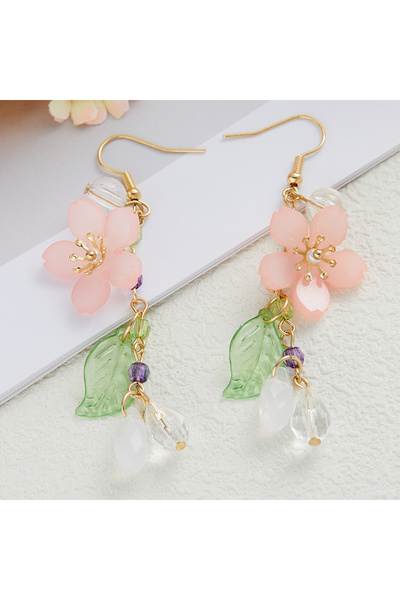 Choice WF1045-1 Sweet Romantic Pink Flower Leaves Earrings Women's Long Tasse...