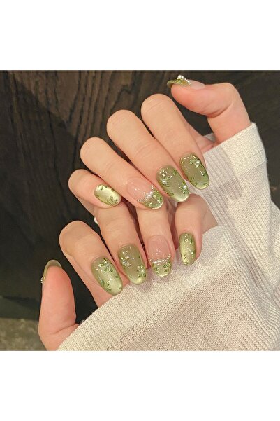 Choice XS 10pcs Handmade Press on Nails Green Flower Print Short Oval Head Fa...