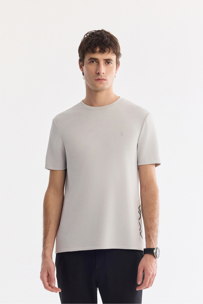 Avva Men's Light Gray Crew Neck Printed Bi-Stretch Interlock Regular Fit T-Sh...