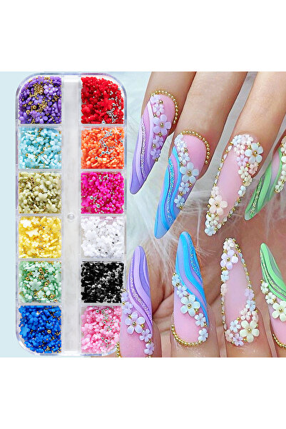 choice2 12grids 1Box 3D Pink/White Acrylic Flower Nail Charms with Gold&Silve...