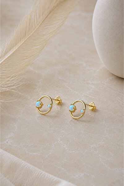Spossy Silver Jewelry 925 Ayar Gümüş Gold Kaplamalı Opal Taşlı Yuvarlak Minim...