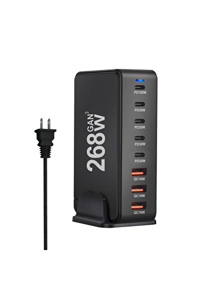 Choice شاحن سطح المكتب GaN بقوة 268 واط - أسود - 8 منافذ USB من النوع C - شاح...