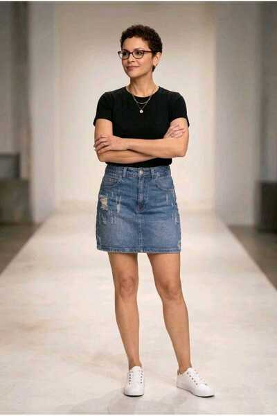 they11 38 cm Blue Tinted, Lycra Flexible High Waist Ripped Detail Denim Skirt...